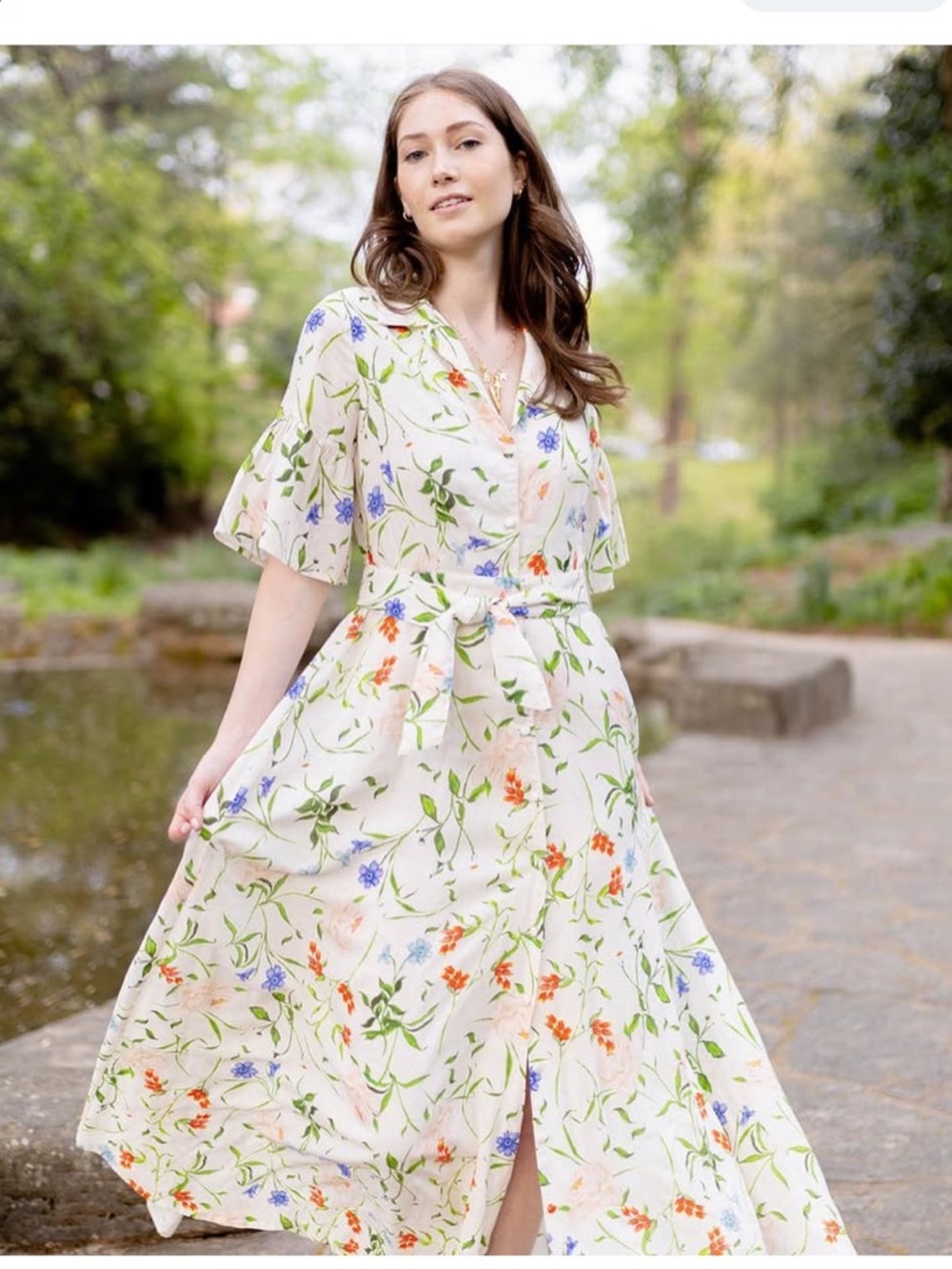 ABBEY GLASS White Floral Shirt Dress Size Medium